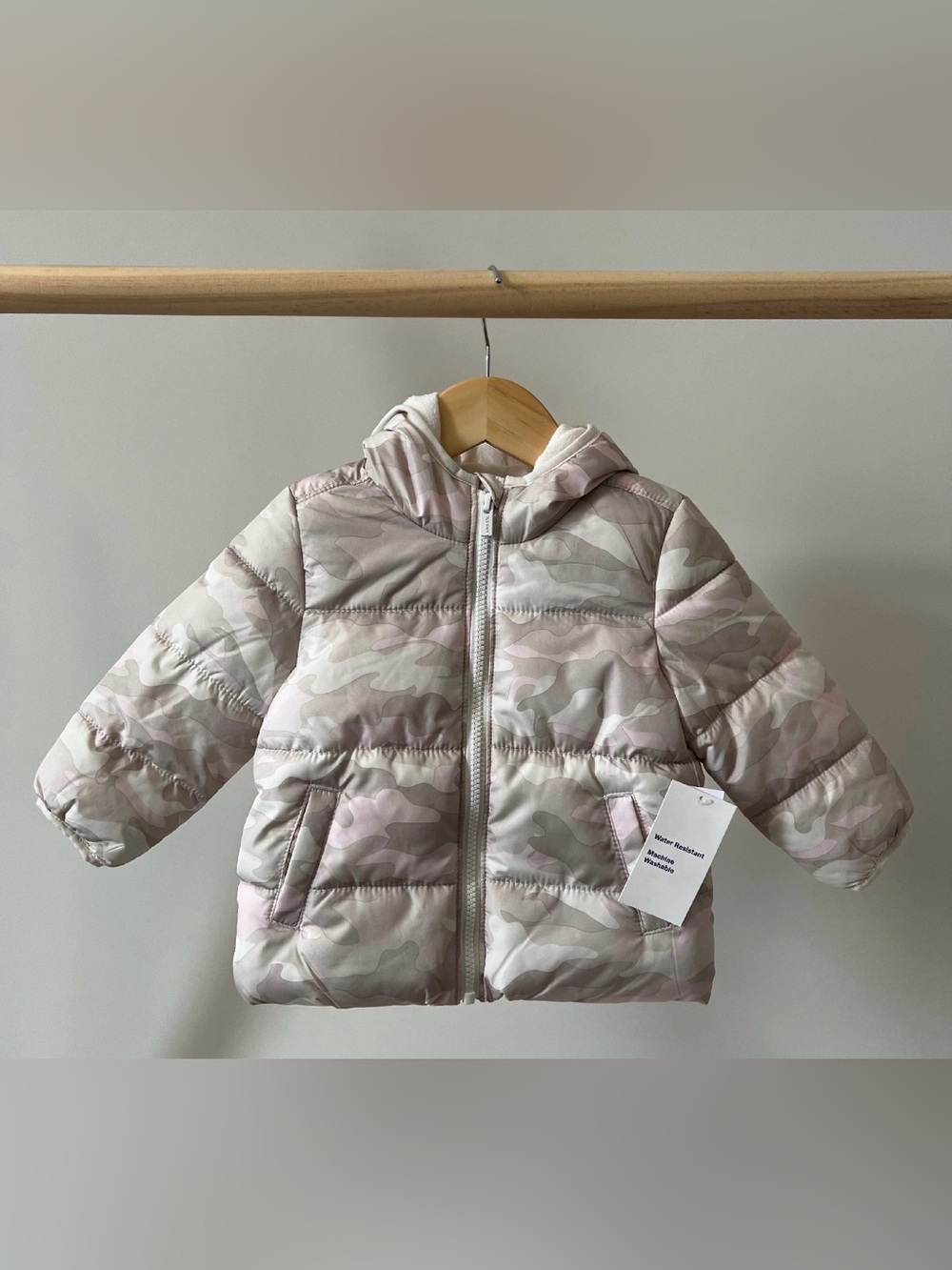 Old Navy Pink & Beige Water Resistant Camo Puffer Jacket with Hood 12-18M